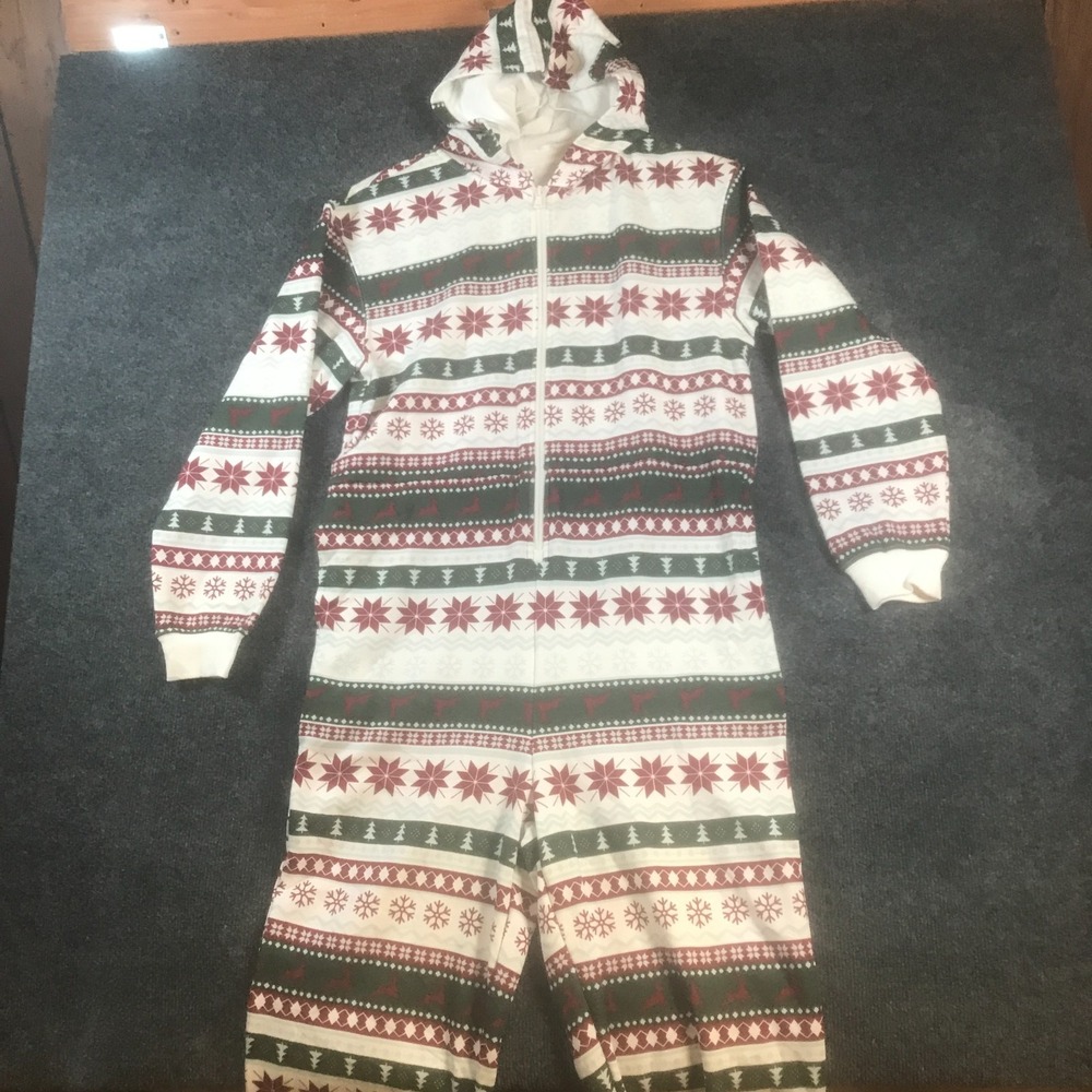 Fabletics One Piece Cozy Fleece Hooded Women Small White Holiday Fairisle